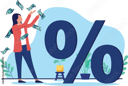 Business Income tax - Woman making money standing with percentage sign smiling and throwing bills in air. Finances calculation and surplus concept in flat design vector stock illustration