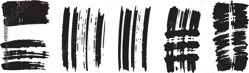 Brush set. Vector black paint brush spots, highlighter lines or felt-tip pen marker. Ink smudge abstract shape stains and smear set with texture