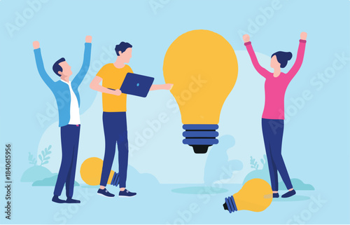 Business innovation team - Happy entrepreneurs working on ideas, cheering and celebrating with light bulb and great idea. Flat design vector illustration