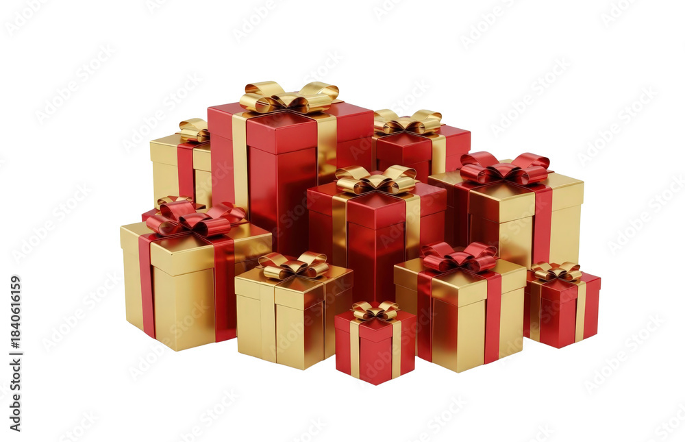 Obraz premium 3D render Cluster of Red Christmas presents isolated on transparent background