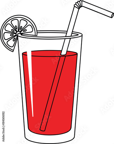 Tall Glass of Refreshing Red Juice or Cocktail with Drinking Straw and Citrus Slice Outline Coloring Page Vector Illustration