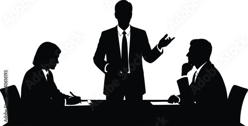 Business leader addressing colleagues in a formal meeting, conveying ideas and strategy.