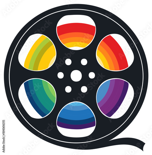Film reel vector with color spectrum rainbow stripes for motion picture entertainment or movie production