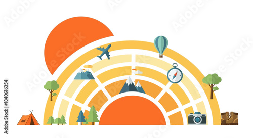 Globally: Discover the joy of travel and experience the world with this colourful visual, showing the joy of global travelling experience. This is all about global discovery experience with mountain.