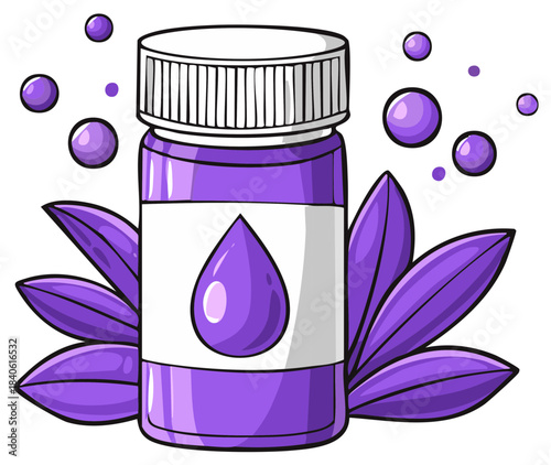 Vibrant purple bottle of cosmetic serum or fantasy potion with herbal leaves and bubbles