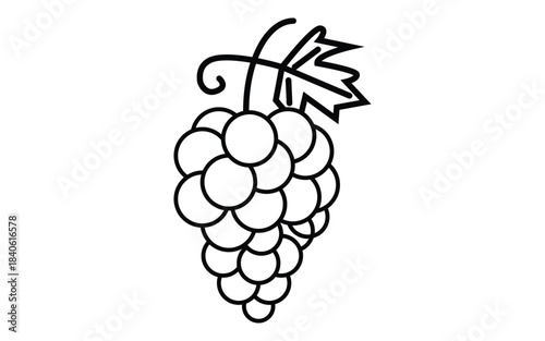 Outline of a bunch of grapes with a leaf and tendril, fresh fruit icon