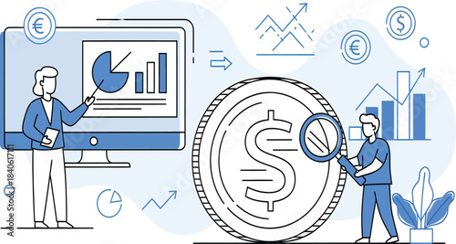 Financial analysts reviewing investment data and growth charts on a computer screen, symbolizing business success.