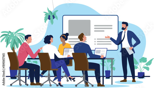 Business meeting presentation - People at office meeting table listening to businessman presenting and talking with tv screen. Business strategy and process concept in flat design vector illustration