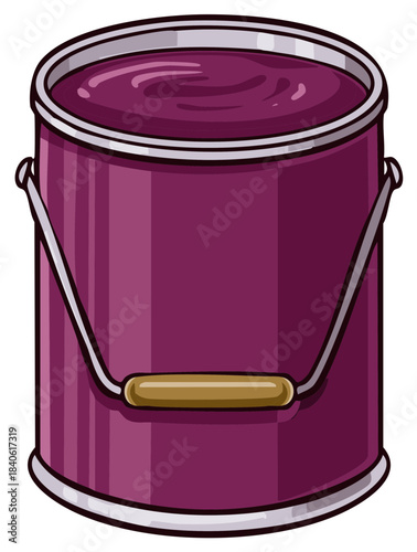 Purple paint bucket with handle, cartoon illustration of a can with a handle full of paint