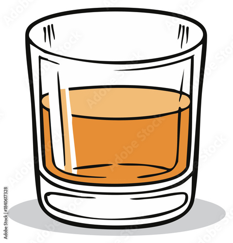 Cartoon style illustration of a rocks glass filled with whiskey or bourbon alcohol drink