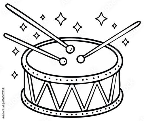Outline illustration of a drum with drumsticks and star decorations in black and white