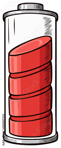 Cartoon illustration of a battery with a red energy indicator showing partial charge.