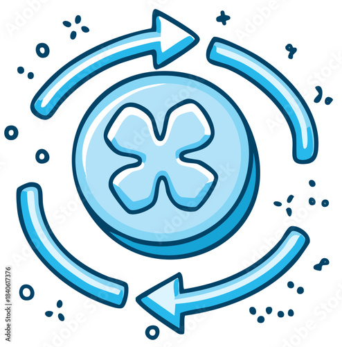 Hand-drawn cartoon fan icon representing air circulation, ventilation, and cooling system process