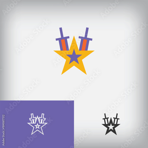 Sword-carrying star logo. Unique design with color gradients. Ready-to-use template for flat and linear layouts.
