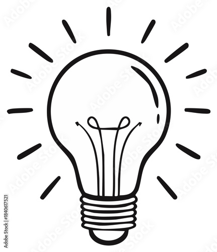 Hand drawn shining light bulb icon, symbol of a new idea and creativity
