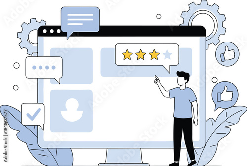 Customer leaves positive online review with star rating on screen