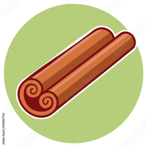 Two aromatic cinnamon sticks displayed in a simple flat graphic style on a light green circle