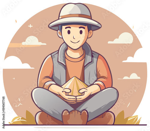 Cartoon Man Meditating Holding Pyramid Shape Person Meditates Outdoors Vector Art