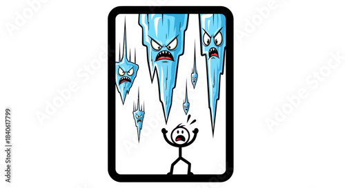 Danger Is Brewing Above, Stick Figure Faces Threatening Icicles With Intense Expressions