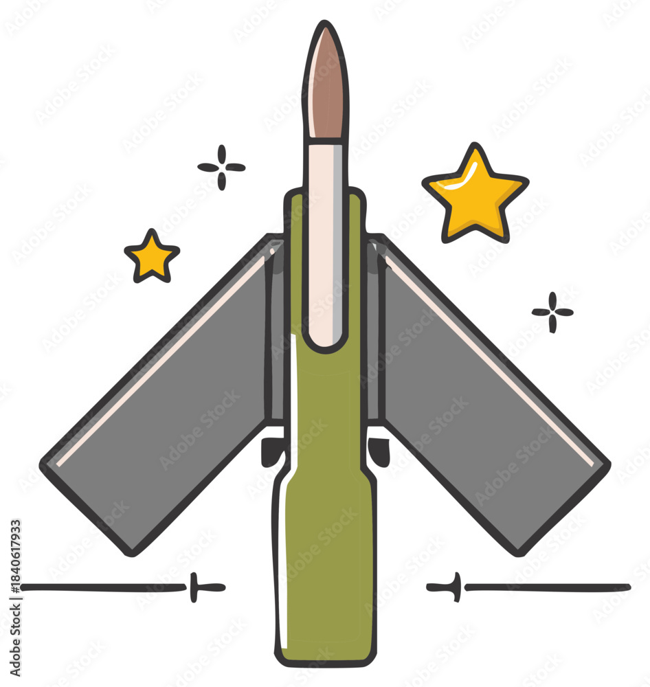 Obraz premium Cartoon Missile with Wings and Stars, Military Concept Art, Stylized Rocket Launch
