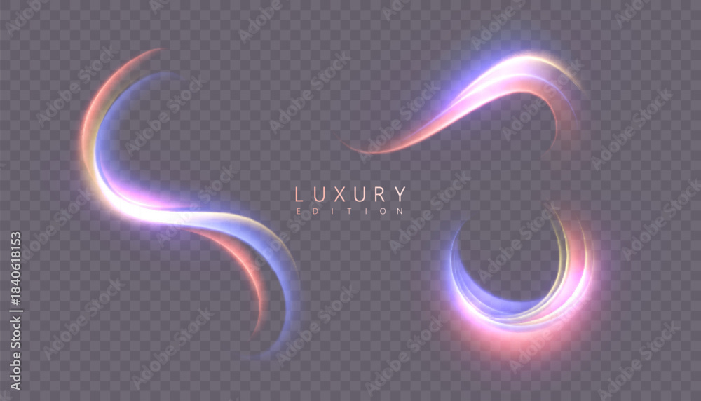 Naklejka premium A set of glowing pink and purple neon swirls and arcs with smooth light trails on a transparent background. Used in motion graphics, impact effects, and magic effects for games.