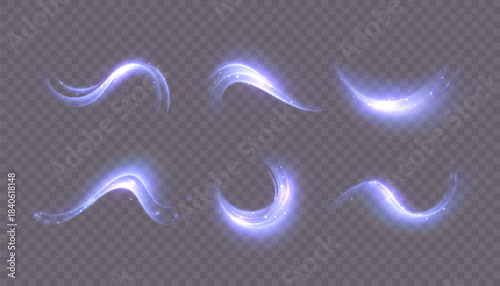 Blue arcs of light swirl with a soft glow and magical trail on a transparent background. Suitable for visual effects, spells, and fantasy designs.