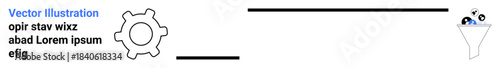 Data organization, workflow optimization, automation, information management, business analysis, technology systems. Gear icon linked to a funnel with data figures. Data organization and workflow