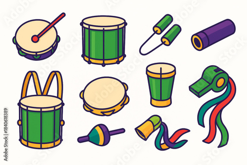 Brazilian carnival instrument vector icon set with tamborim repinique agogô surdo pandeiro cuíca and whistle