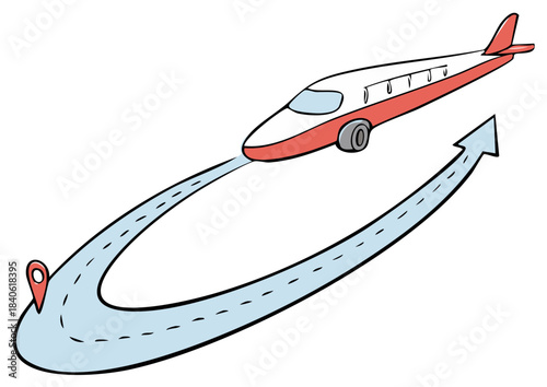 Cartoon Airplane Following a Route with Destination Pin and Directional Arrow