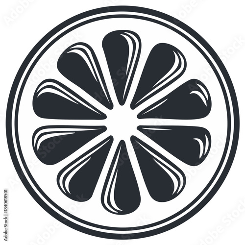 Modern minimalist black and white citrus fruit slice cross section graphic design element