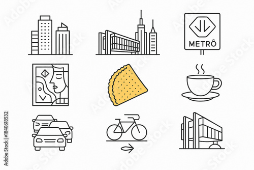 São Paulo urban culture vector icon set with skyline metro street art coffee and modernist design