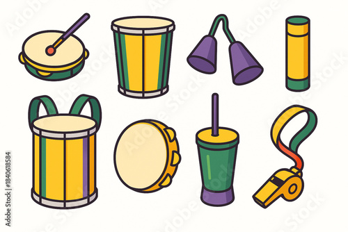 Brazilian carnival instrument vector icon set with tamborim repinique agogô surdo pandeiro cuíca and whistle