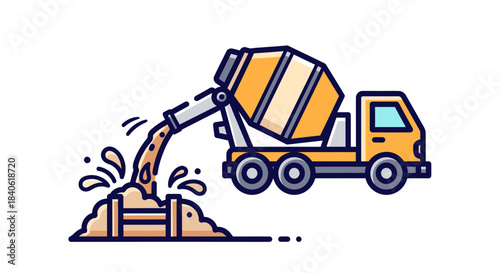 Concrete Mixer Truck Pouring Cement Creating Foundation For New Construction Project