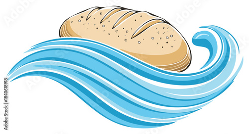 Stylized Graphic of a Loaf of Bread Gently Floating on Blue Waves Symbolizing Provision and Sustenance