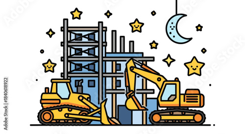 Construction Vehicles Working Under Moonlight Illustrating The Building Of A New Structure And Stars