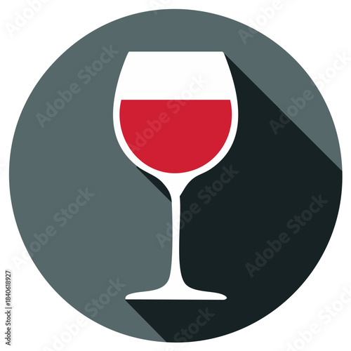 Red wine glass flat design icon with long shadow effect in a circular shape