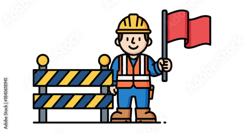 Construction Worker Holding A Red Flag Near A Barricade Vector Illustration