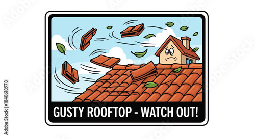 Dramatic Depiction of Windstorm Damage, Rooftop Tiles Flying, Safety Warning Sign