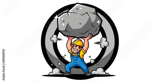 Courageous Worker Demonstrates Strength Struggling With a Gigantic Boulder for Success