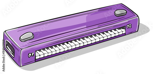Purple electronic keyboard with piano keys and buttons, cartoon style