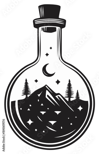 Nighttime mountain landscape with moon and stars enclosed in a bottle with a cork stopper