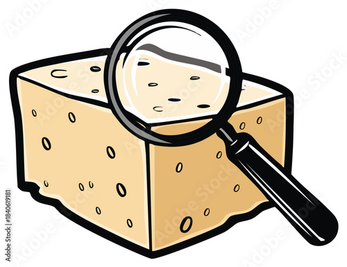 Magnifying glass examining a wedge of cheese with holes, representing inspection and food analysis