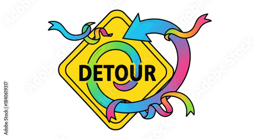 Creative Detour Sign Illustrating Alternative Routes, Diversion, and Unexpected Paths Ahead
