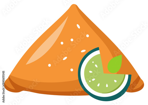 Traditional Indian Samosa fried pastry with fresh lime and green leaf vector illustration