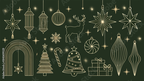 Christmas and Happy New Year vector mid century line art illustration set with forest green and gold tones festive elements — elegant greeting design eps