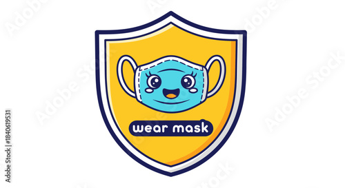 Cute Cartoon Face Mask on a Shield Illustrating Protection and Safety, Covid-19