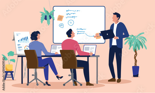 Business people having an office meeting, with a presenter standing by a whiteboard and colleagues working on laptops, engaging in a training session or strategic discussion. Flat design illustration