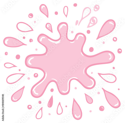 Vibrant pink artistic blot with scattered drops and shiny fluid texture