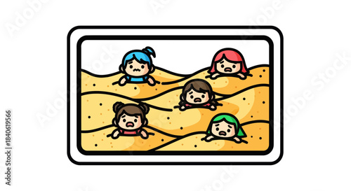 Cute Cartoon Representation Of Small Children Buried In Sand Box With Sad Facial Expressions