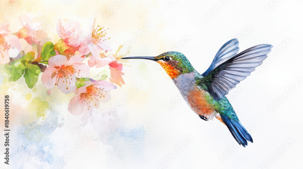 Naklejka premium Colorful hummingbird approaches delicate pink flowers, showcasing vibrant feathers and intricate details in serene, artistic setting